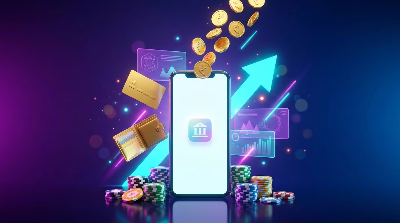 Glowing smartphone with golden rupee coins, bank card, wallet and casino chips on a dark purple background